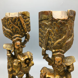 Pair of Antique Chinese Buddhist Temple Guardians Carved Wood Statue Antique 