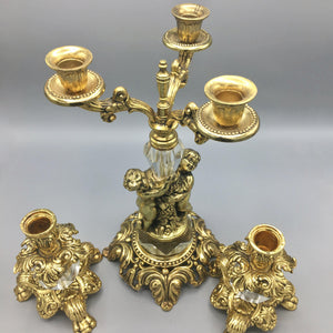 Set of Antique Candelabra and Two Candleholders Gilded Iron Cast Candelabra Antique 