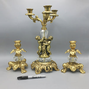 Set of Antique Candelabra and Two Candleholders Gilded Iron Cast Candelabra Antique 