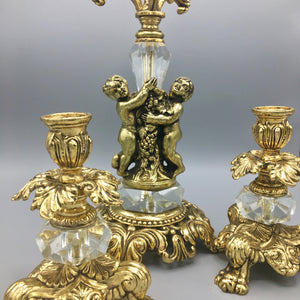 Set of Antique Candelabra and Two Candleholders Gilded Iron Cast Candelabra Antique 