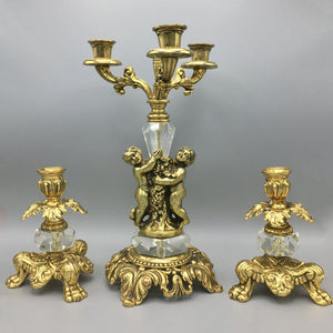 Set of Antique Candelabra and Two Candleholders Gilded Iron Cast Candelabra Antique 